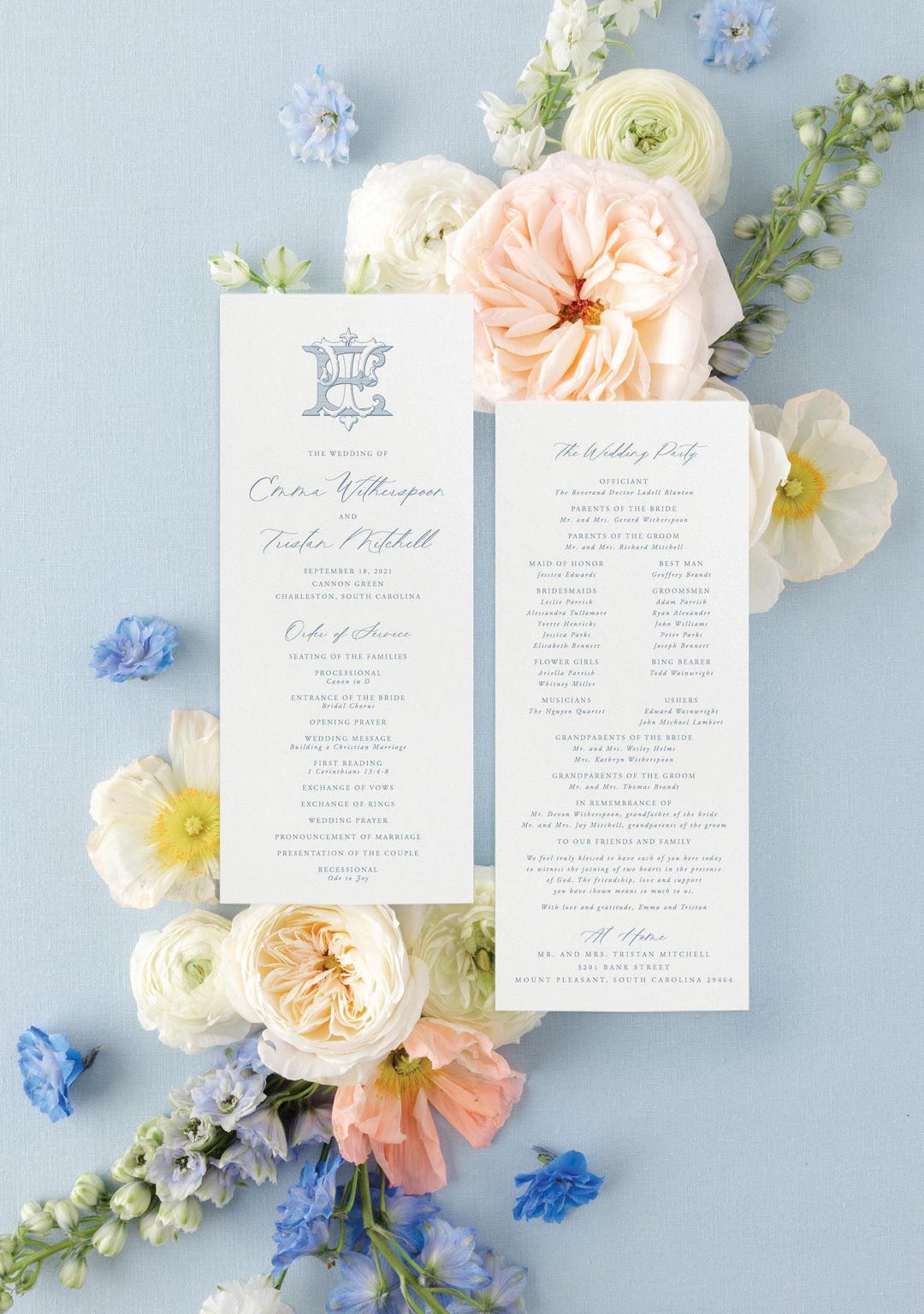 Dusty Blue Wedding Program, Printed Order of Service Ceremony Programs