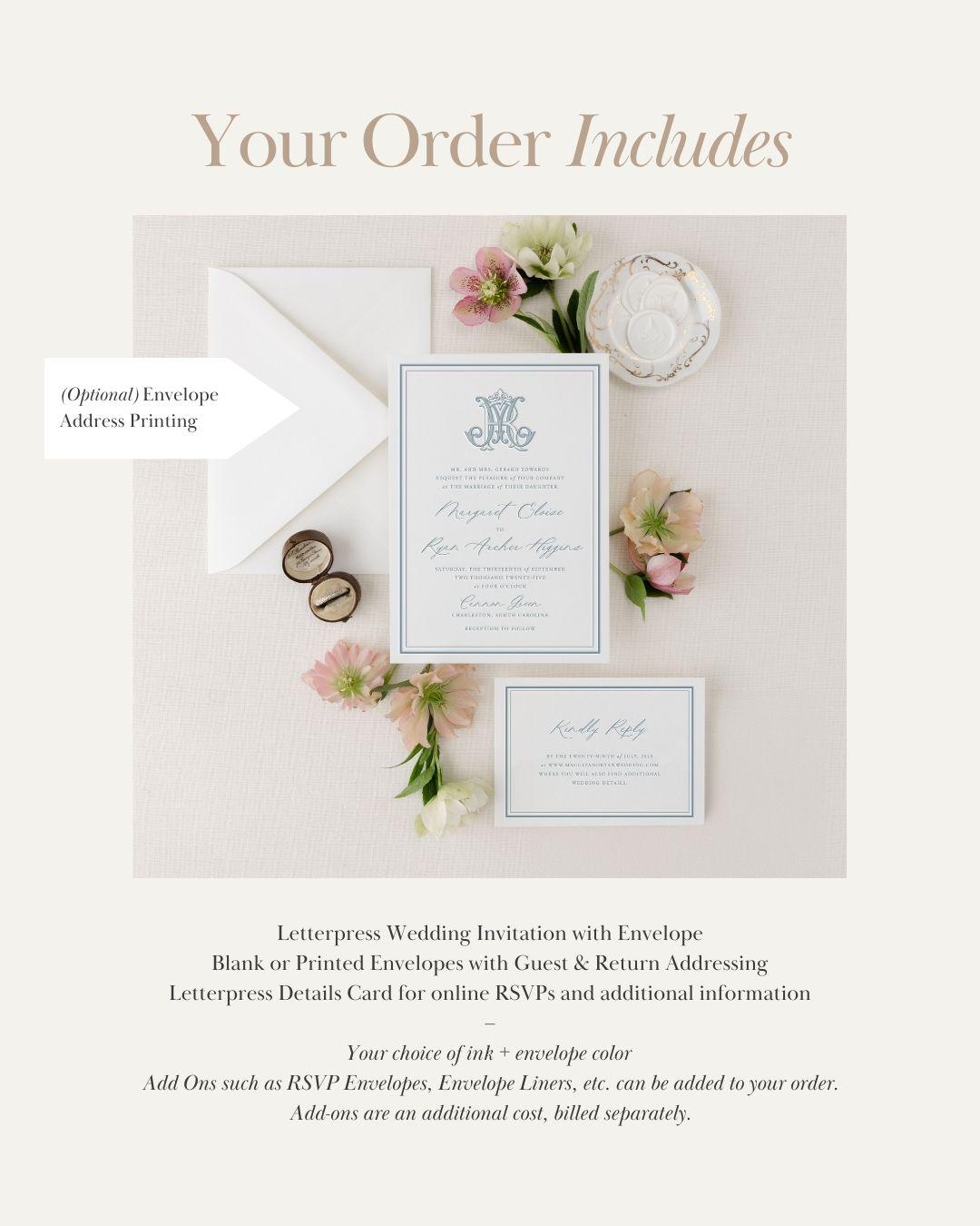 Classic Letterpress Wedding Invitation Suite With RSVP Dusty Blue ...