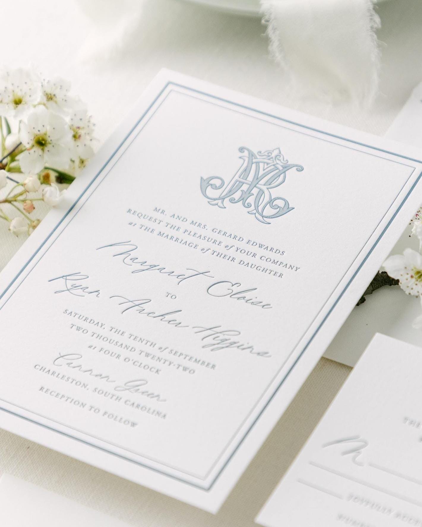Classic Letterpress Wedding Invitation Suite With RSVP Dusty Blue ...