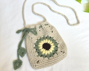 Beige Sunflower Crochet Crossbody Bag, Cute Crochet Purse, Minimalist Shoulder Bag, Crochet Sling Bag, Sunflower Drawstring Bag