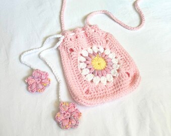 Pink Sunflower Crochet Crossbody Bag with Puff Flower Charms, Cute Crochet Purse, Girly gift for her, Crochet Sling Bag, Drawstring Bag