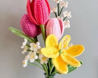 Crocheted Tulip Flower Bouquet, Pink Yellow Blooming Flowers, Spring Home Decor