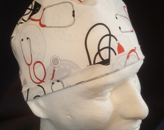 Medical BP and Stethoscope Collage Tie Back Surgical Scrub Hat