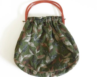 Vintage Green Embroidered Hobo Bag: Bakelite Handles, Leaf Design