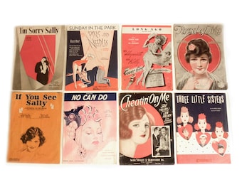 Antique Art Deco Sheet Music Collection- SET of 8- Gorgeous Old Sheet Music with Art Deco Cover Art Illustrations- Art Deco Themed Wall Art