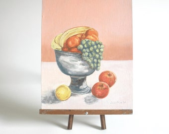 Vintage Fruit Bowl Oil Painting: Still Life on Canvas Board, Signed J. Pace '79