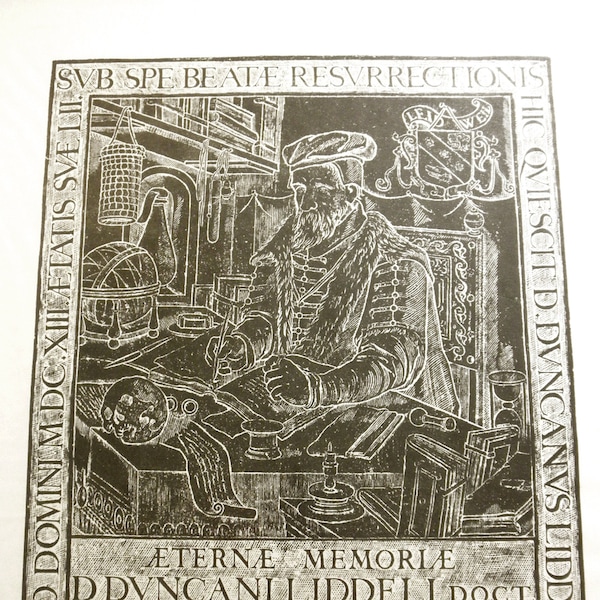 Antique Portrait of Duncan Liddel- Framed Monumental Brass RUBBING of Duncan Liddel MD, 1600s from Scotland- Gothic Apothecary Wall Art