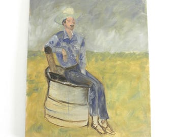 Vintage Oil Painting Cowboy Figure Study, Mid Century Original Art 16x20 Stretched Canvas, Rustic Ranch Wall Art