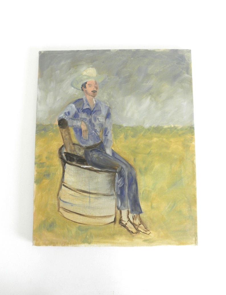 May include: An oil painting on canvas depicting a figure wearing a light-colored hat, a blue shirt, and blue trousers, sitting on a large cylindrical container. The background features a yellow field under a grey, cloudy sky with visible brushstrokes.