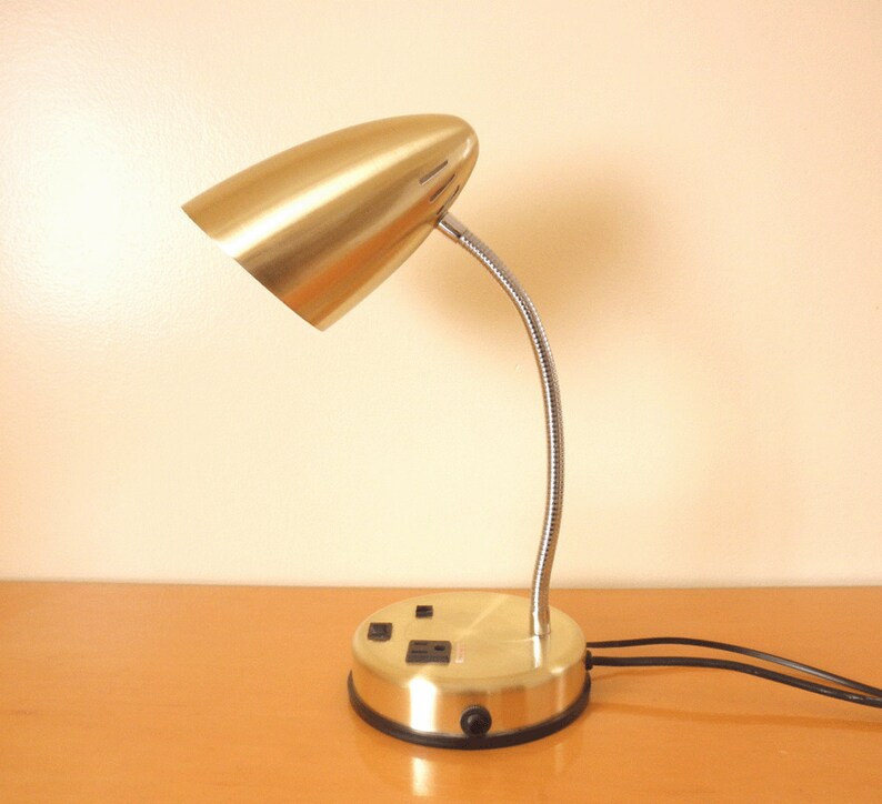 Mid Century Gold Metal Gooseneck Desk Lamp Working W Telephone Phone Jack 3 G Electrical Socket On Base Retro