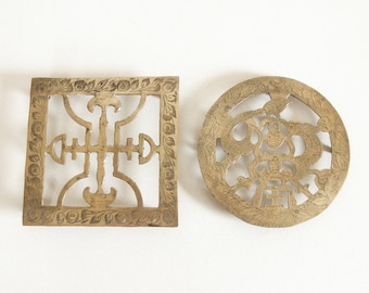 Vintage Asian Brass Trivets: Etched Ornate Potholder Set