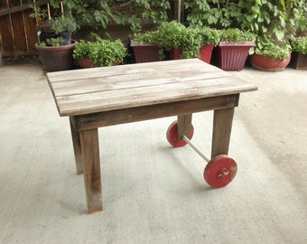 Primitive Wooden Table with Red Wooden Wheels- Rustic Barnwood Country Farmhouse Rolling Cart Side Table- Antique Handmade Rustic Table