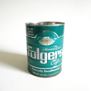 Vintage 1984 Folgers Decaffeinated Coffee Can- Green Advertising Graphics, 1 lb. Small Tin Coffee Can