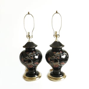 Vintage Pair of Asian Chinese Ginger Jar Chinoiserie Lamps- Brass Black Lacquered Lamps, Pink & Blue Peacocks, Floral Motif, Gold Accents