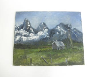Vintage Original Oil Painting, Mountains with Old Barn & Windmill Landscape, 16x20 on Canvas Board