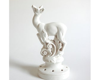 Vintage Red Wing Stag Deer Figurine/ Flower Frog- White Ceramic Chalkware Deer Flower Holder Figurine- White Pottery Deer Centerpiece