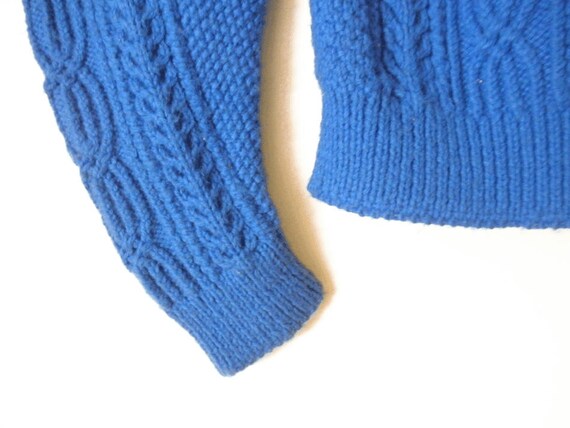 Vintage Hand Crochet Cable Knit Sweater: Chunky Azure Blue V-neck