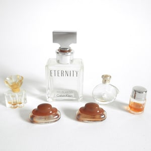 Vintage 90&#39;s Perfume Bottles, Collection Lot of 6, Includes (5) Mini Sample Bottles and (1) Large Eternity Calvin Klein Bottle