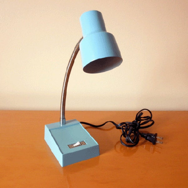Mid-Century Gooseneck Lamp -Blue Metal- Retro Office / Underwriters Labratories Portable Desk Table Lamp- Working!
