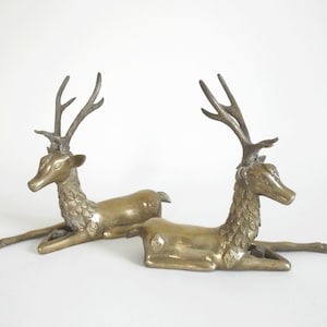 May include: Two gold-toned metal deer figurines lying down with their heads turned to the side. The deer have antlers and detailed features.