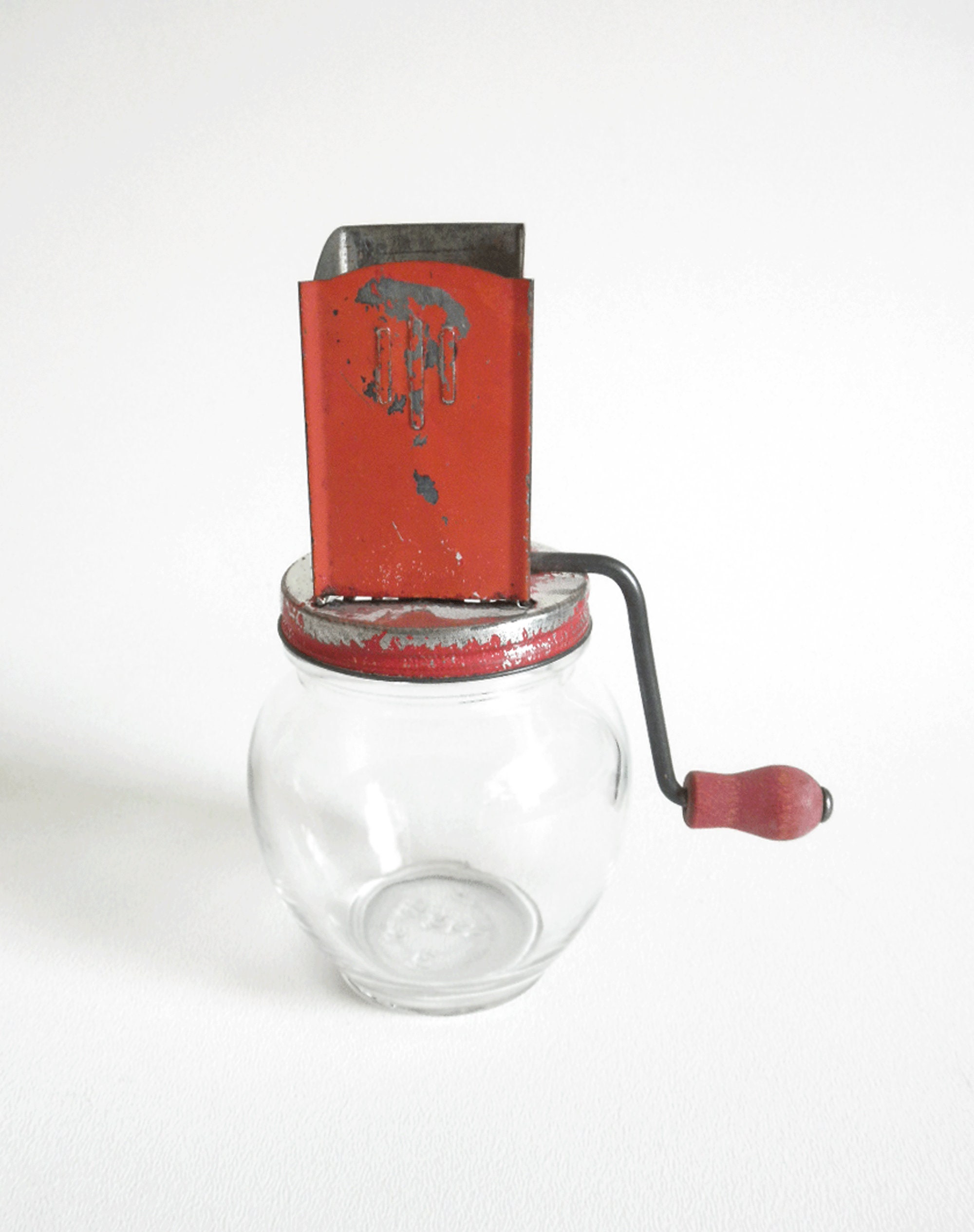 Vintage Glass Nut Grinder W Red Lid Hand Operated, 1950s Red