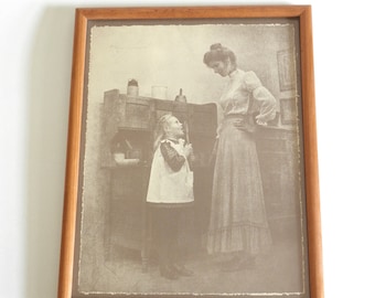 Vintage 70's R. Hendrickson 11" x 14" Sepia Photo Print- Victorian Old Fashioned Kitchen, Child Licking the Spoon- Oak Framed 12.5" x 15.5"