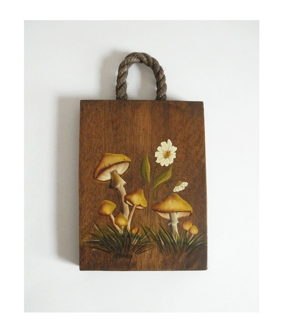 Vintage Tole Mushroom Painting: Signed Botanical Wall Hanging with Rope