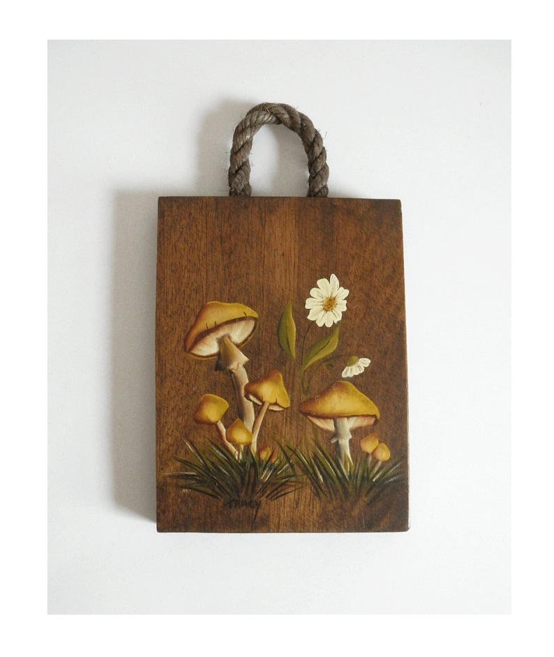 Puede incluir: Un colgador de pared de madera con un asa de cuerda presenta una escena pintada de setas y una flor blanca. Las setas son amarillas y marrones con tallos blancos. La flor es blanca con un centro amarillo.