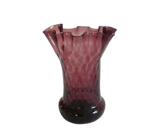 Mid Century Amythest Purple Glass Wavy Vase- 10" Tall- Beautiful Purple, Hand Blown Swung Glass Art- Fluted Wavy Swung Top