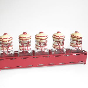 Vintage Spice Jar Set with Red Metal Rack- 5 Jars with Metal Rack Refillable Spice Jars with Hinging Ceramic Lids
