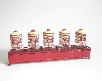 Vintage Spice Jar Set: 5 Glass Jars with Red Metal Rack