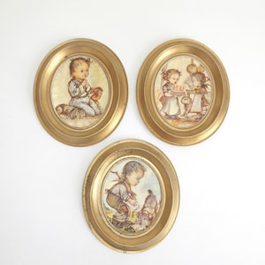 Vintage Gold Plastic Framed Art Prints, Set of 3, Nursey Wall Decor, Hummel Style Children Illustrations on Gold Oval Thin Plastic Frames