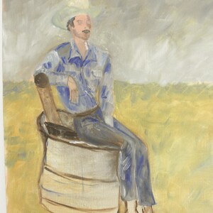 May include: An oil painting depicting a figure wearing a light-colored cowboy hat, a blue long-sleeved shirt, and blue trousers. The figure is seated on a large, cylindrical metal drum against a backdrop of a yellow field and a cloudy gray sky.