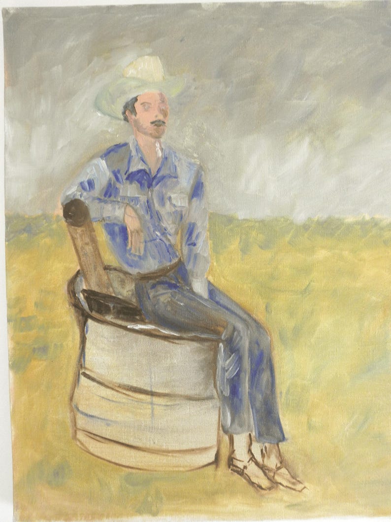 May include: An oil painting depicting a figure wearing a light-colored cowboy hat, a blue long-sleeved shirt, and blue trousers. The figure is seated on a large, cylindrical metal drum against a backdrop of a yellow field and a cloudy gray sky.