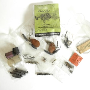 Vintage Fishing Tackle & Lures - Assorted Lot of Various Copper Lures, Hooks, Silk Line, Sinkers, Eyelet, and Pflueger Rocket Reel Parts