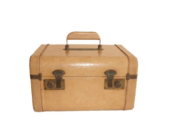Antique Leather Vanity Travel Case- 1940's/50's Brass Metal and Tan Leather Hard Cosmetics Travel Case/Train Case