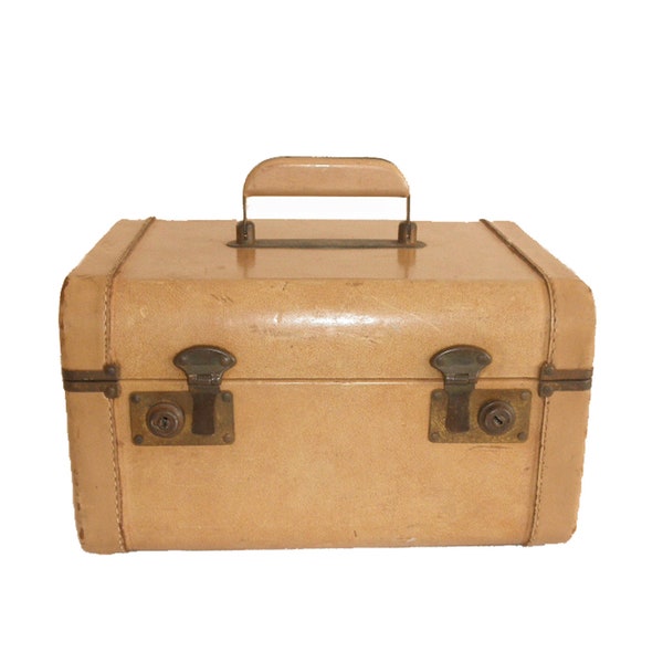 Antique Leather Vanity Travel Case- 1940's/50's Brass Metal and Tan Leather Hard Cosmetics Travel Case/Train Case