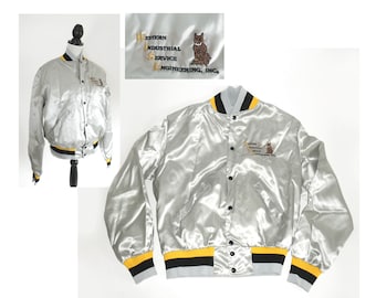 Vintage Satin Bomber Jacket Silver with Yellow/Black - Size L - OWL Embroidery Logo "WISE Western Industrial Service Engineering"