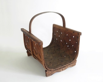 Primitive Antique Splint Weave Firewood Basket, Primitive Hearth Kindling Storage/ Magazine Rack Stand