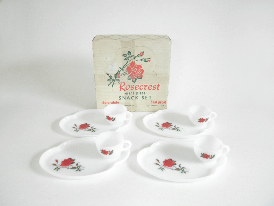 Vintage Federal Glass Rosecrest Snack Set: White Milk Glass Party ...
