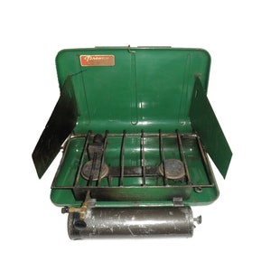 Vintage Prentiss Green Metal Camp Stove- &quot;Preway&quot; 2-Burner Camp Stove by Prentiss Wabers Model P4821
