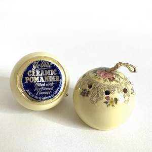 Antique Pomander Sachet Porcelain Balls, Pair of &#39;Ye Olde&#39; Pomander Balls, Potpourri Holders, Pomander Linen Drawer Home Air Freshener Balls