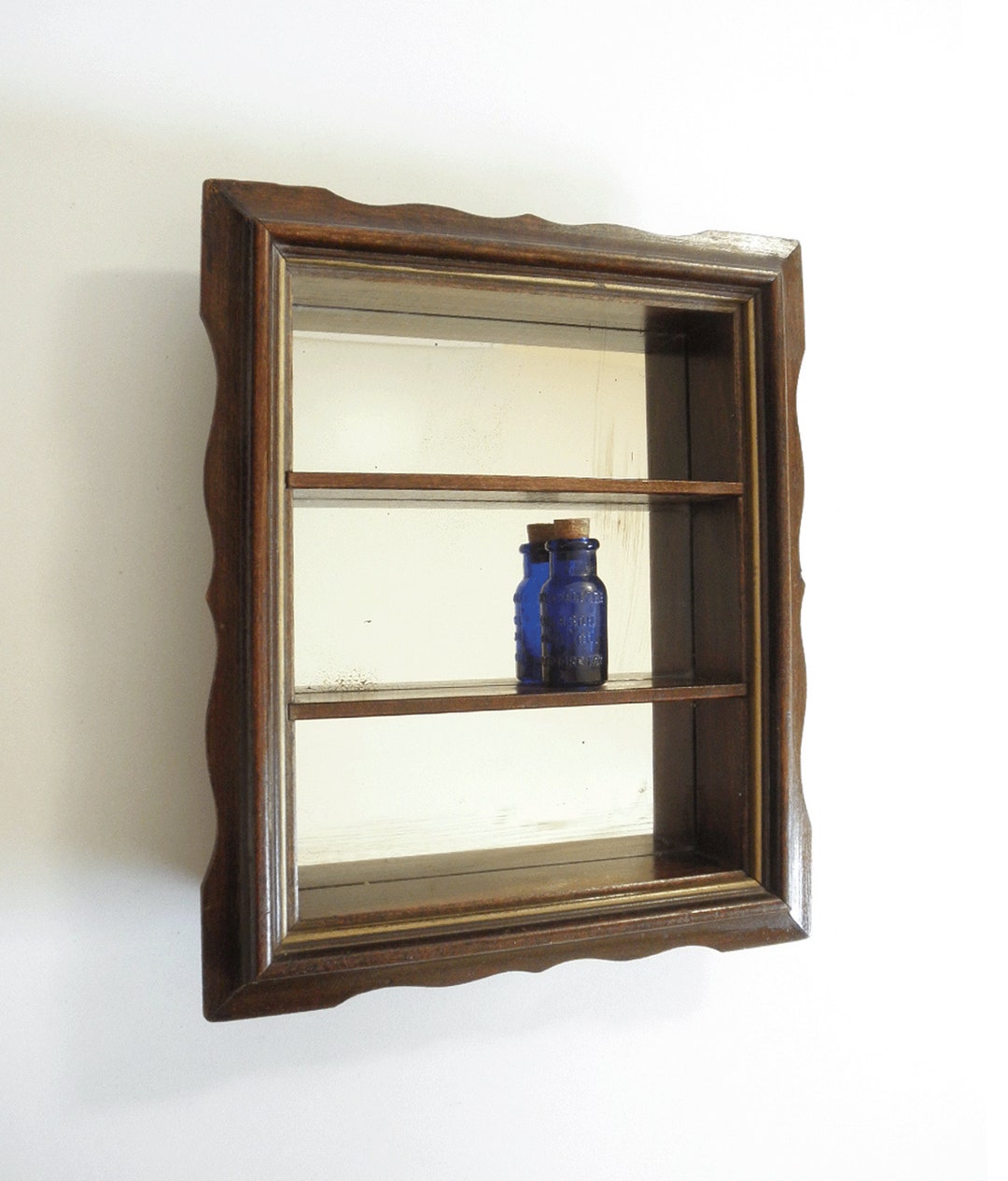 Vintage Wooden Wall Shelf W/ Mirror 3 Tiered Scalloped Etsy