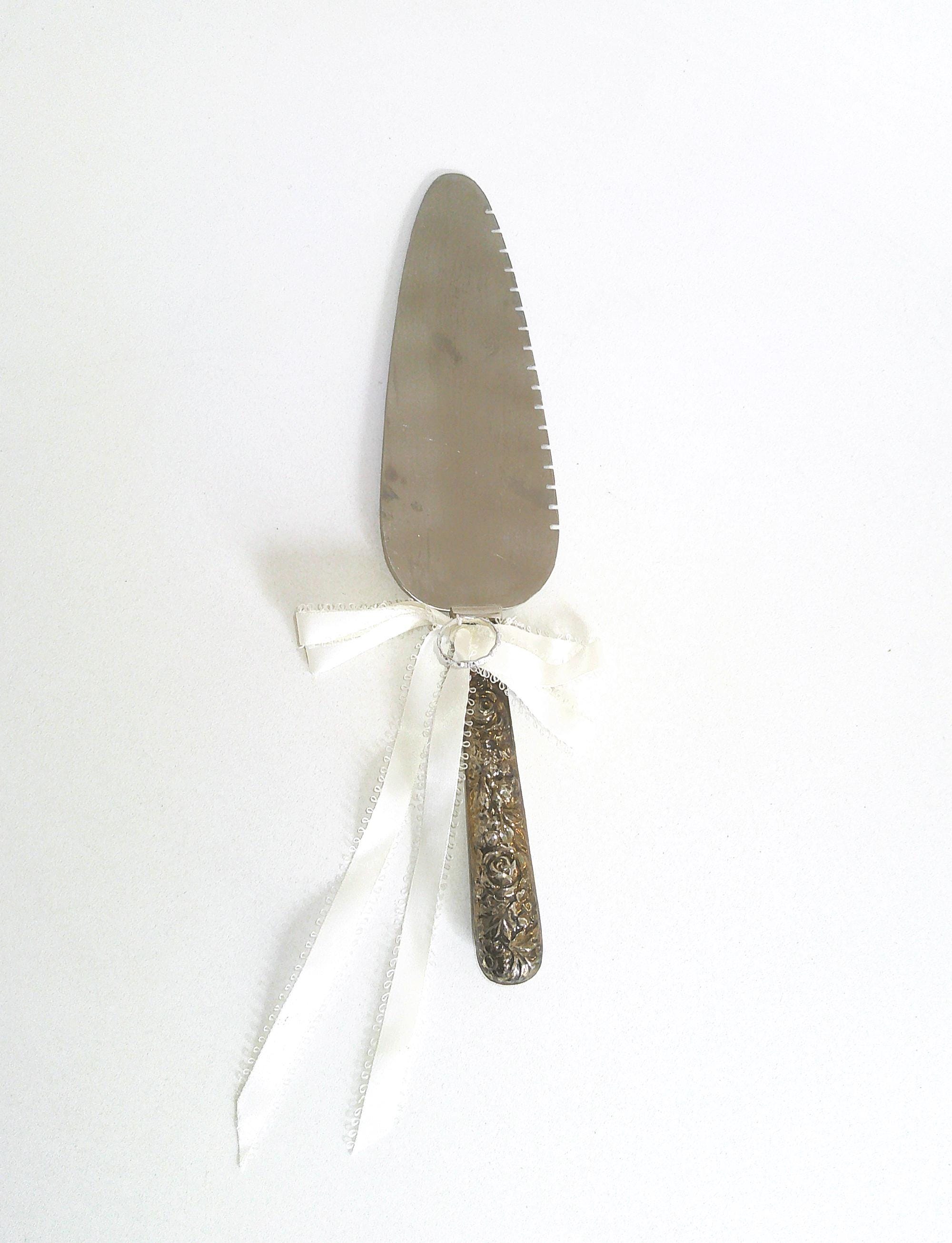 Vintage Silver Wedding Cake Knife, Pie Server- Silverplate Rose Pattern Handle and Stainless Steel Serrated Server