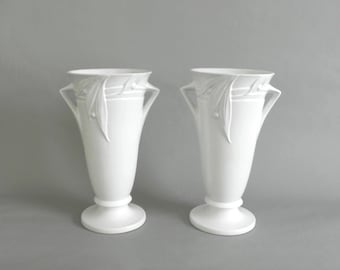 Antique Pair of Roseville White Velmoss II Vases 14.5 " Tall, Elegant 1930's Art Deco Urn Vases