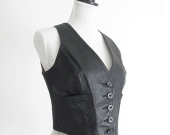 Chaleco vintage de cuero genuino Cordovan negro de los años 70 - Talla S para mujer