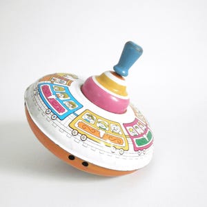 Vintage Tin Top Toy, Colorful Litho Tin Metal Spinning Toy Top, Ohio Art Top, Vintage Kids Train Toy Top, Retro Nursery Kids Room