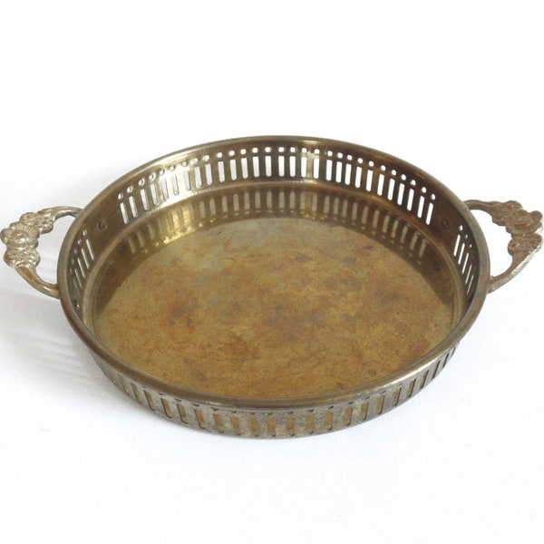 Vintage Solid Brass Round 7" Serving Tray with Floral Handles- Made in India- Small Serving Tray or Decorative Display Tray for Vanity
