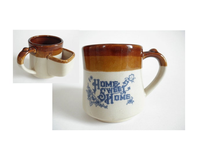 Vintage Tea Bag Pocket Mug home Sweet Home Ceramic Brown & Blue