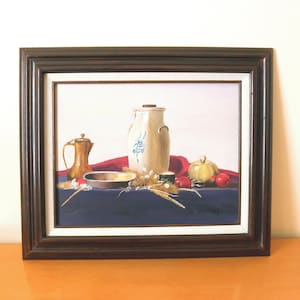 Vintage 70&#39;s Still Life Oil Painting- Original Hand Painted Framed Art of Crock Jars/ Bowls/ Fruit- Beautiful Bright Colors